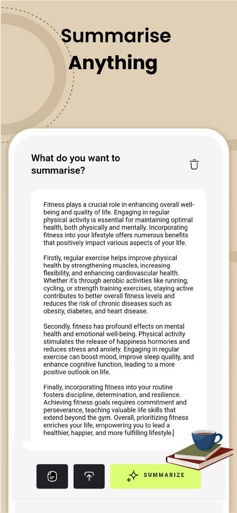 AI Summary: Text & Image - Interfaz de la aplicación AI Summary mostrando un texto sobre fitness con un botón de resumen