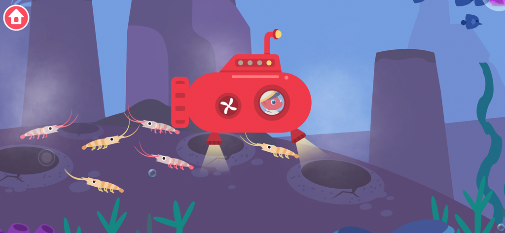 Dinosaur Submarine for toddler - A red submarine piloted by a dinosaur exploring the ocean floor with shrimp