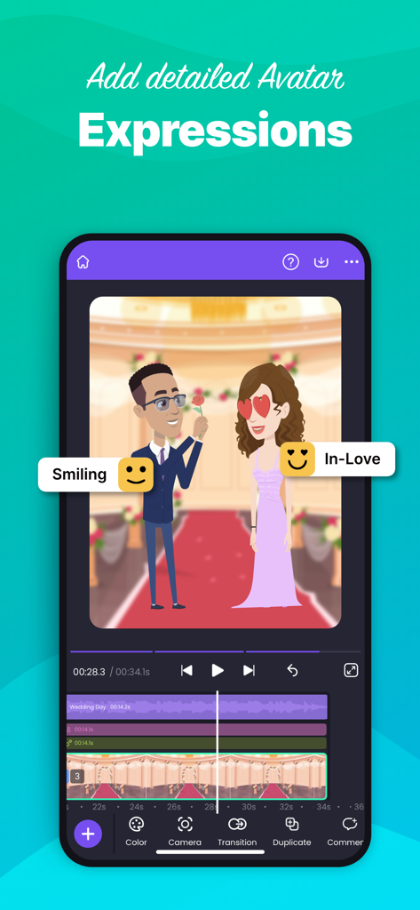 Animaker: Animation Maker - Interfaz de la app Animaker que muestra cómo añadir expresiones como sonriente y enamorado a personajes animados en una escena de boda.