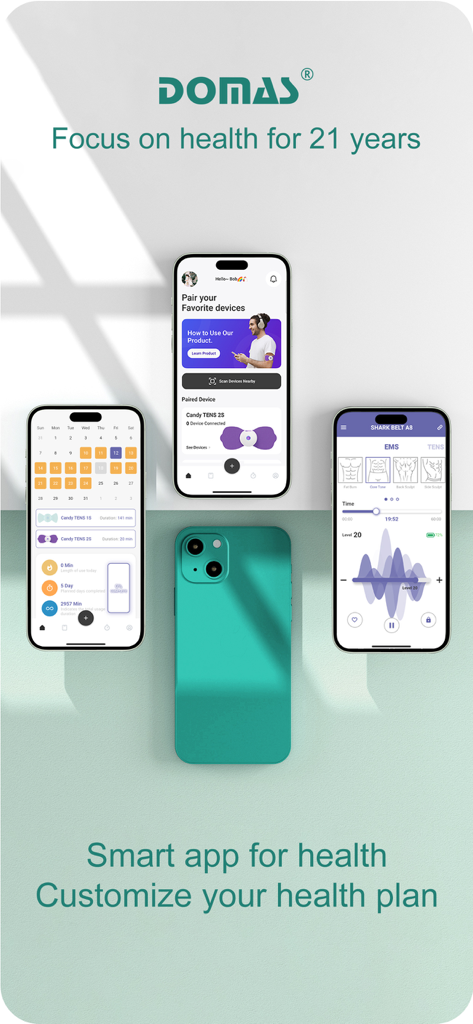 DOMAS - Screenshot dell'app DOMAS che mostrano i controlli di stimolazione muscolare e le funzionalità di monitoraggio della salute