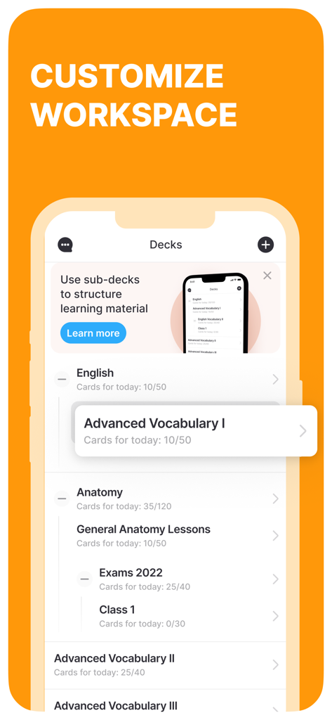 Noji flashcards app interface showing structured study decks and sub-decks for organized learning.