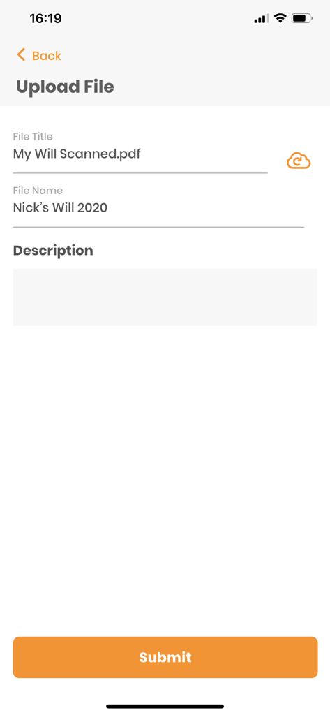 SideDrawer - Mobile screen of the SideDrawer app showing the process of uploading and naming a scanned will document.