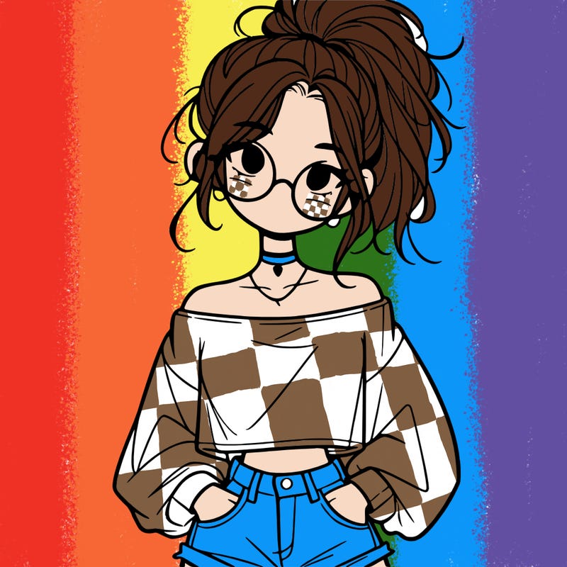 girl with a messy ponytail glasses a baggy crop top and jean shorts