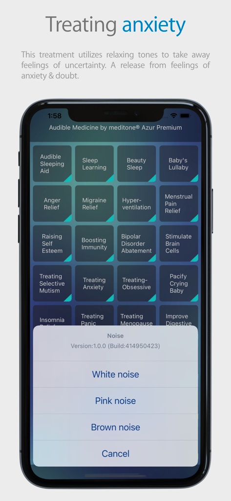 meditone® Azur Premium - Meditone Azur Premium app interface with white pink and brown noise options for treating anxiety