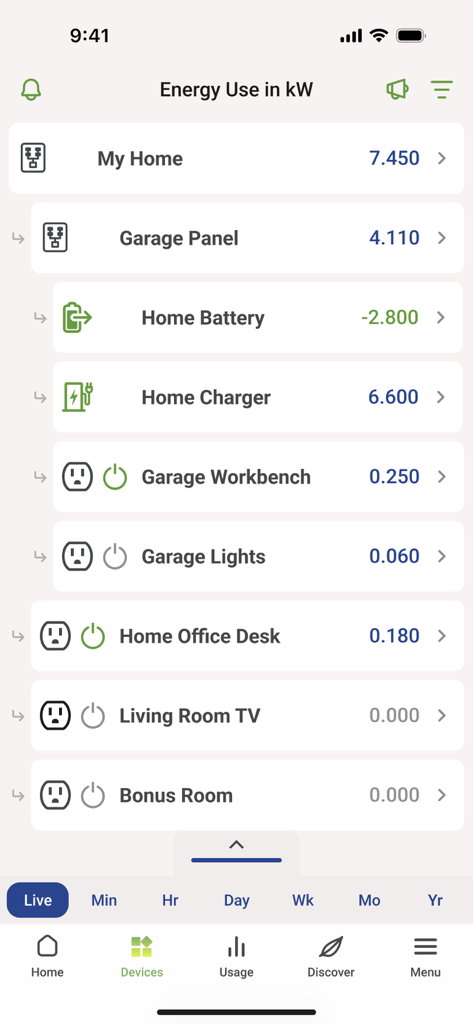 Emporia Energy - Emporia Energy app interface displaying live energy consumption for household devices and batteries.