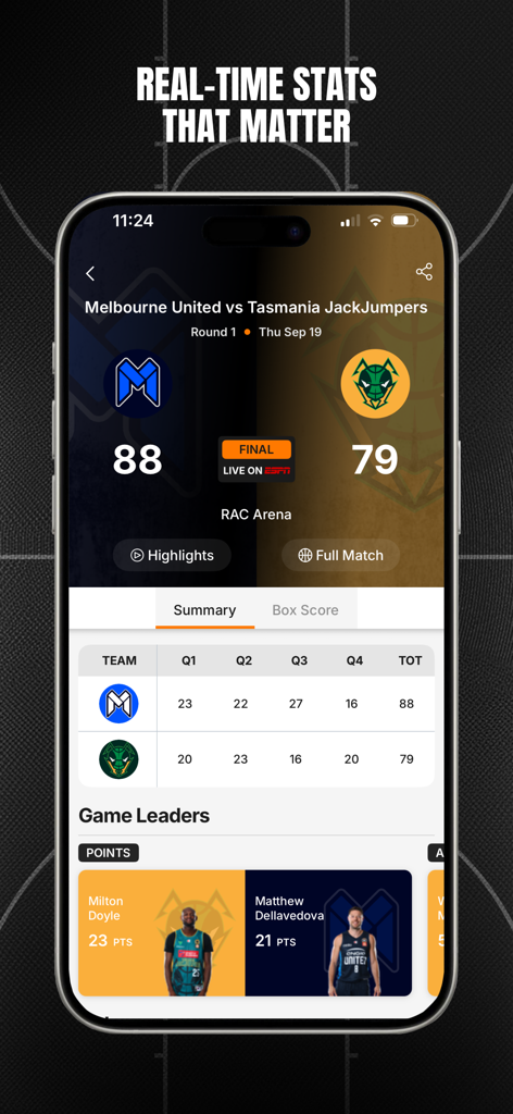 NBL - 멜버른 유나이티드와 타즈매니아 잭점퍼스 간의 경기 요약 및 통계를 보여주는 NBL 앱