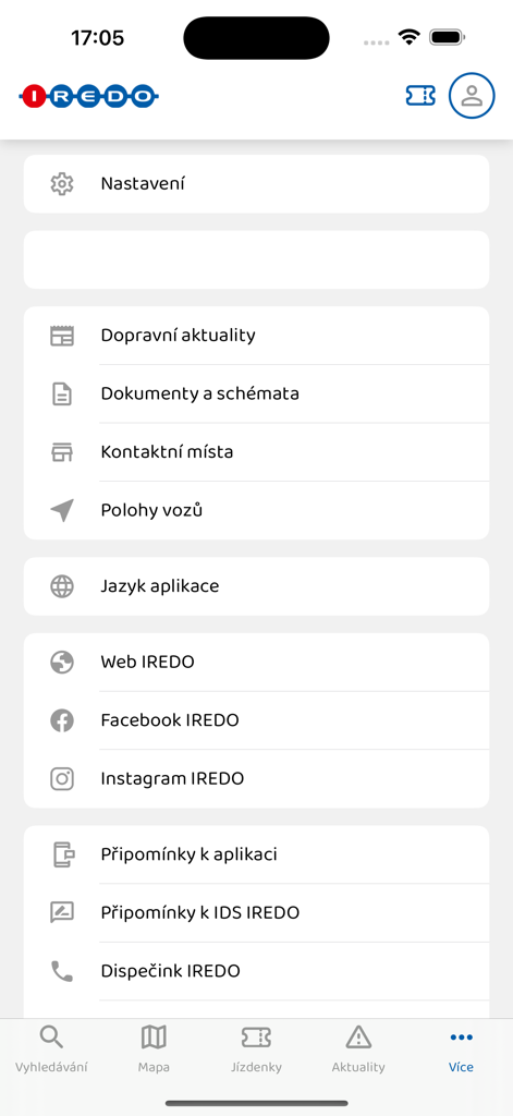 IREDO - The settings and information menu of the IREDO transit app showing options for traffic news and vehicle locations.