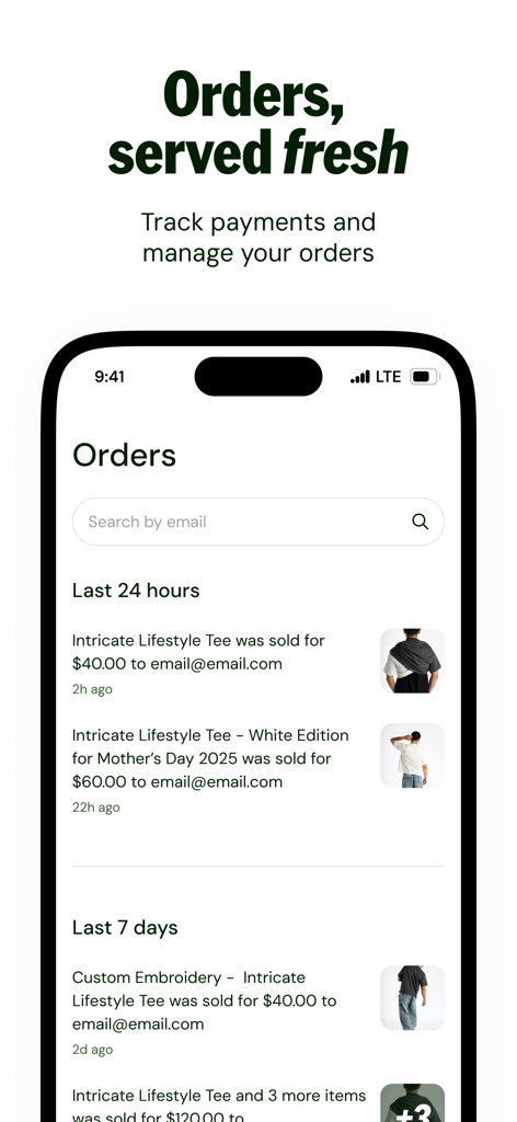 Interface do painel móvel Sellfy mostrando uma lista de pedidos de produtos recentes e detalhes de pagamento do cliente.