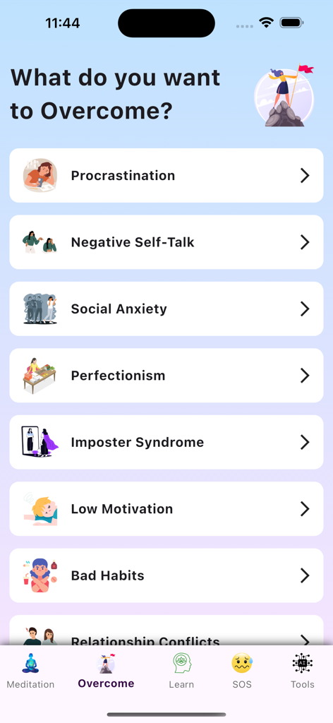 Calmify: Anger Management - Calmifyアプリの画面。先延ばし、ネガティブな自己対話、社会的不安など、克服すべきトピックのリストが表示されています。
