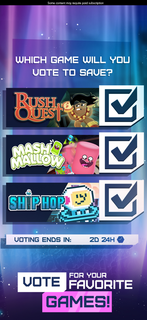 Budge GameTime - Una interfaz de show de juegos digital en la aplicación Budge GameTime donde los usuarios pueden votar por sus mini-juegos favoritos para que permanezcan en la lista.