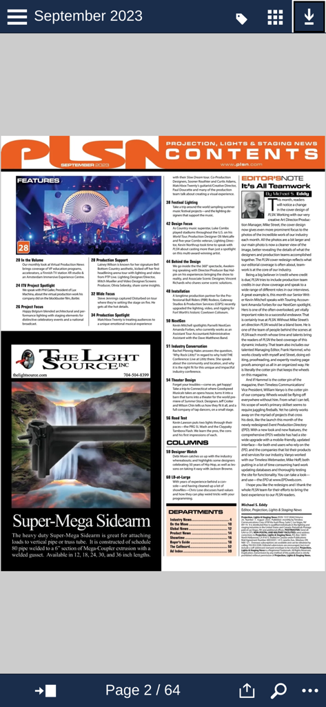 PLSN - Digital table of contents of the PLSN magazine app showing professional lighting and staging news articles