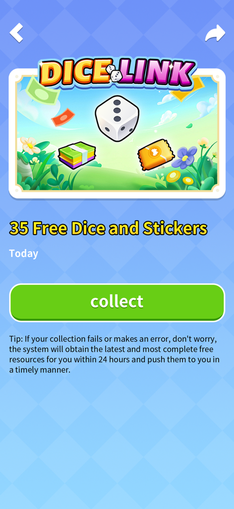 GO! Dice Rewards: Dice & Event - Screenshot of GO Dice Rewards app showing a reward for 35 free dice and stickers with a collect button