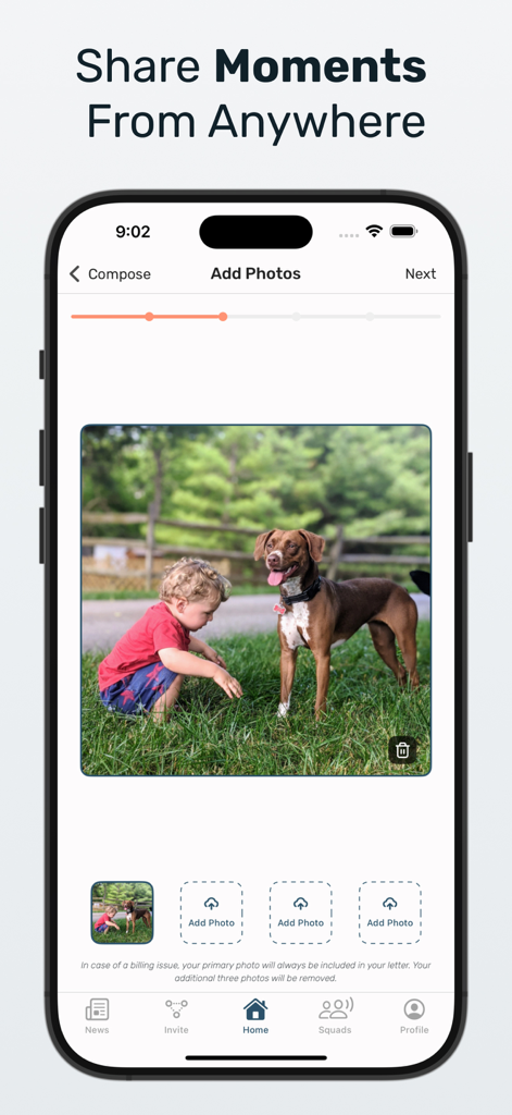 Sandboxx app interface showing the add photos screen for military letters with a photo of a child and a dog
