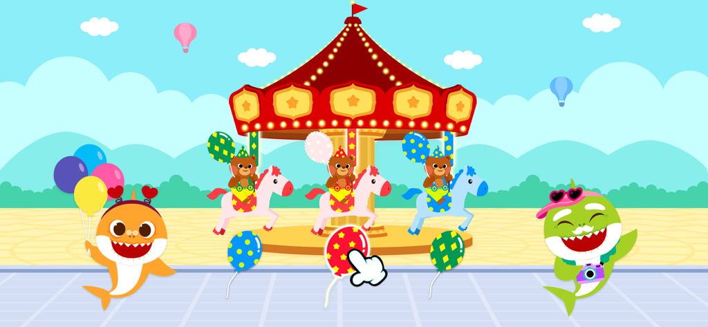Pinkfong Shapes & Colors - Pinkfong Baby Shark and Grandpa Shark at an amusement park carousel with teddy bears and colorful balloons