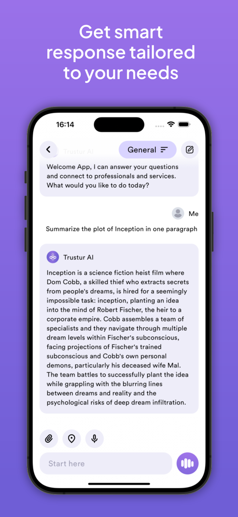 Trustur AI app interface showing a conversational AI summarizing the movie Inception in one paragraph.