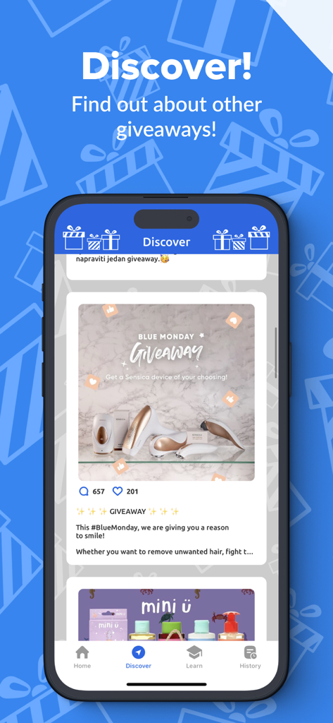 Easy Giveaway Comment Picker - A mobile app screen titled Discover where users can find active Instagram giveaways.