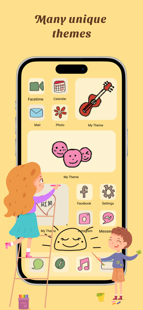 iPhone home screen displaying a custom hand drawn aesthetic theme with unique app icons and widgets