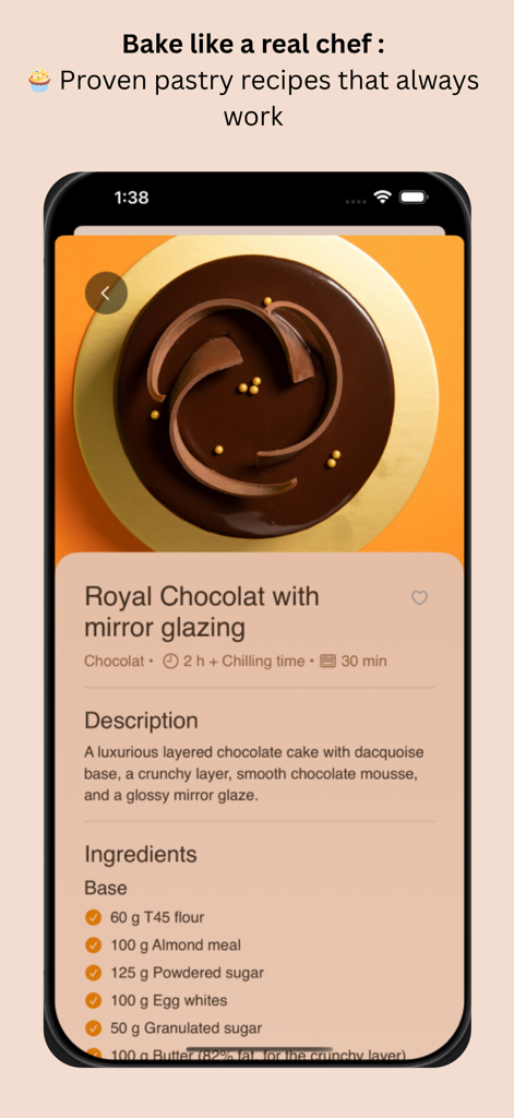 Pastry Recipes - Mobile app screen showing a detailed Royal Chocolat recipe with a professional mirror glaze and precise ingredients