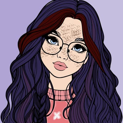 girl with long hair and freckles and glasses realistic