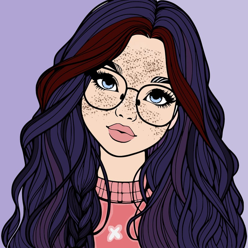 girl with long hair and freckles and glasses realistic