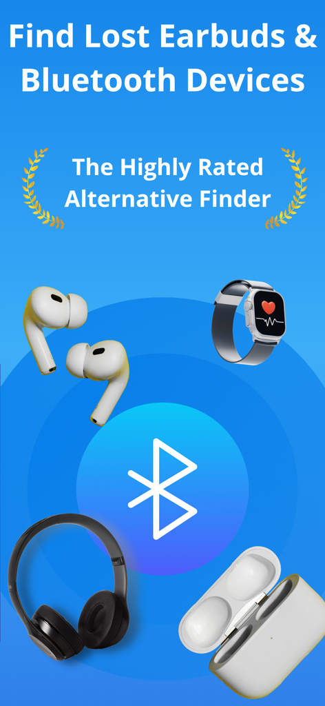 App screen for finding lost earbuds and Bluetooth devices showing icons of headphones and smartwatches