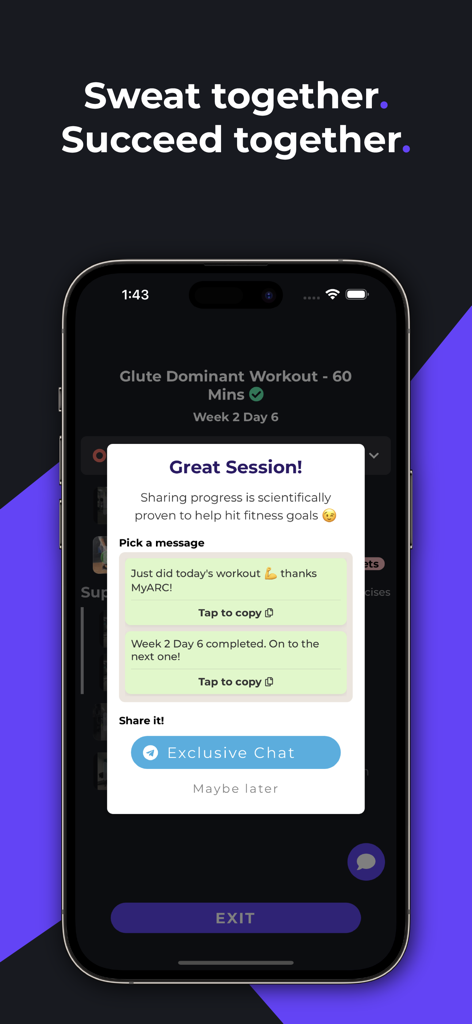 A smartphone showing the MyARC Fitness app completion screen with options to share workout progress and join an exclusive chat community.