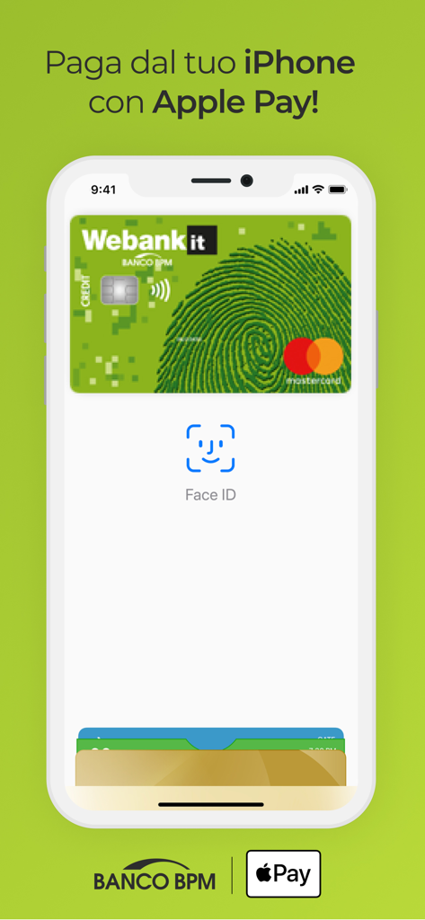 App Webank che mostra l'integrazione di Apple Pay e l'autenticazione Face ID su un iPhone