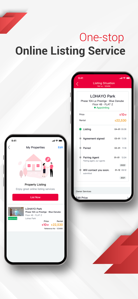 Smartphone screens showing the Centaline Property app online listing service and property transaction status tracking.
