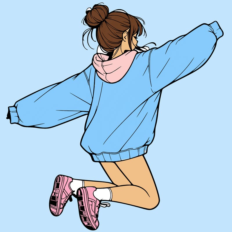 realistic girl jumping with a bun and oversized sweatshirt