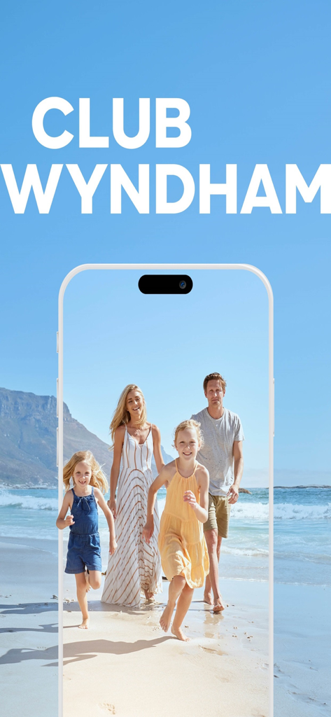 Una familia feliz corriendo en una playa soleada en una pantalla de teléfono inteligente bajo el logo de Club Wyndham