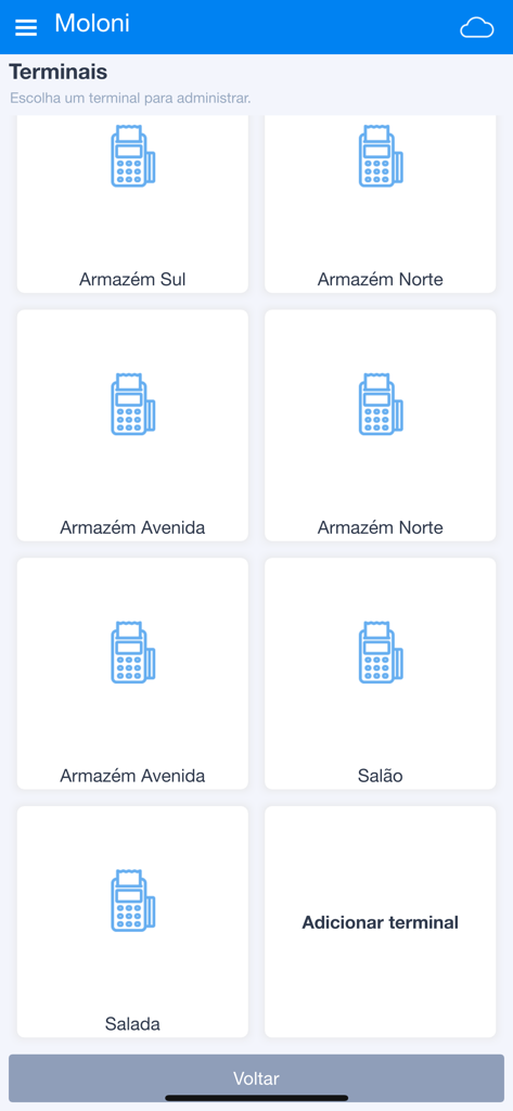 Interface da app Moloni Sales exibindo uma lista de terminais de Ponto de Venda para diferentes localizações de negócios
