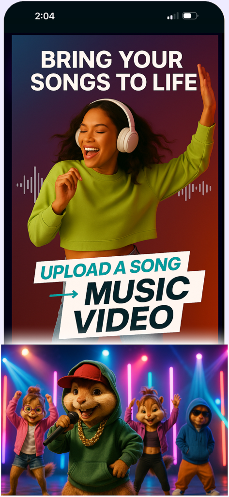 Rap AI - Make Music Videos - A woman dancing with headphones and animated chipmunks performing on stage demonstrating the upload song to music video feature.