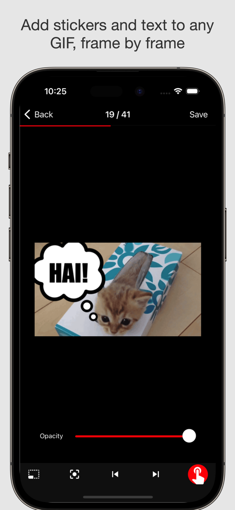5SecondsApp - Animated GIFs - 5SecondsApp interface for adding stickers and text to a GIF frame by frame