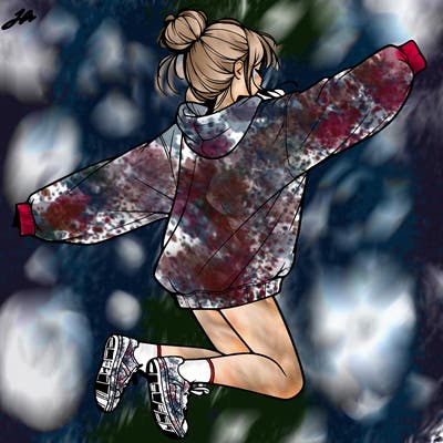 realistic girl jumping with a bun and oversized sweatshirt