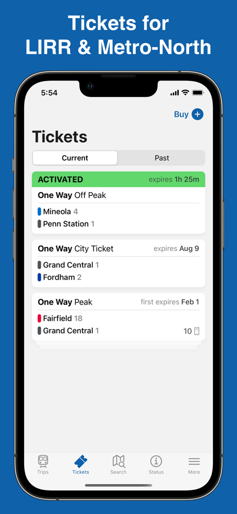 A mobile screen showing the Tickets section of the MTA TrainTime app with digital tickets for LIRR and Metro-North commutes