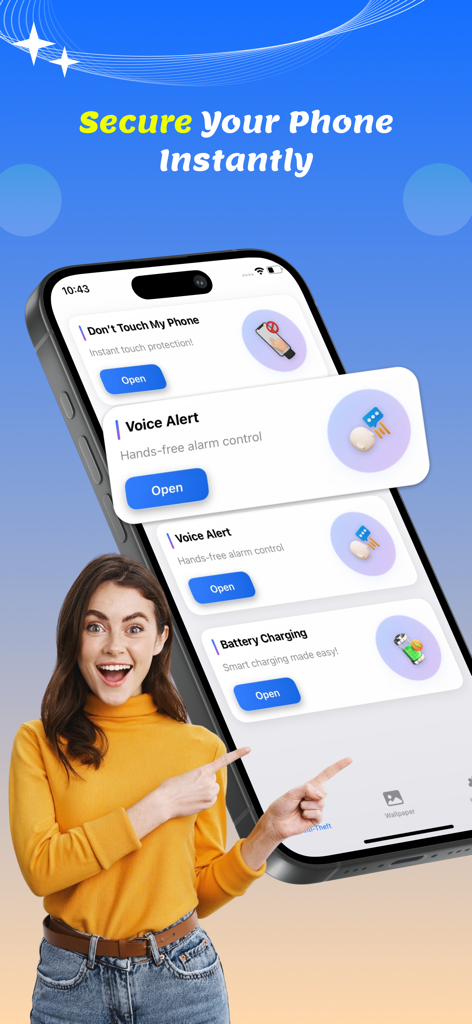 Anti theft : Don't touch phone - A woman pointing at an iPhone screen displaying anti-theft features like touch protection and battery charging alerts