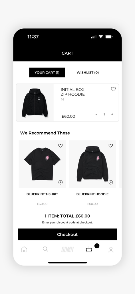 A mobile screen showing the shopping cart in the Sidemen Clothing app with a black zip hoodie and product recommendations.