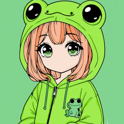 cute realistic girl in a froggy hoodie