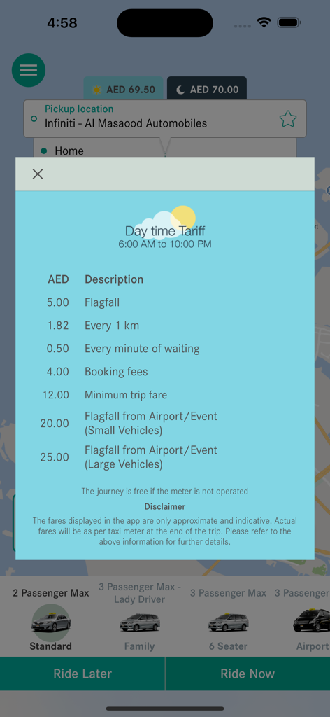 Abu Dhabi Taxi - Abu Dhabi Taxi app showing day time tariff rates for rides including flagfall and distance charges
