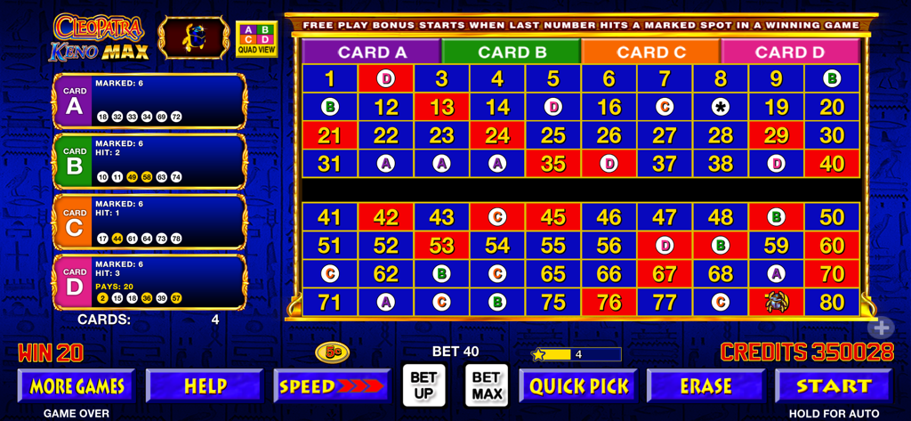 Gameplay-Bildschirm von Cleopatra Keno Max, der vier Karten und ein nummeriertes Wettgitter zeigt