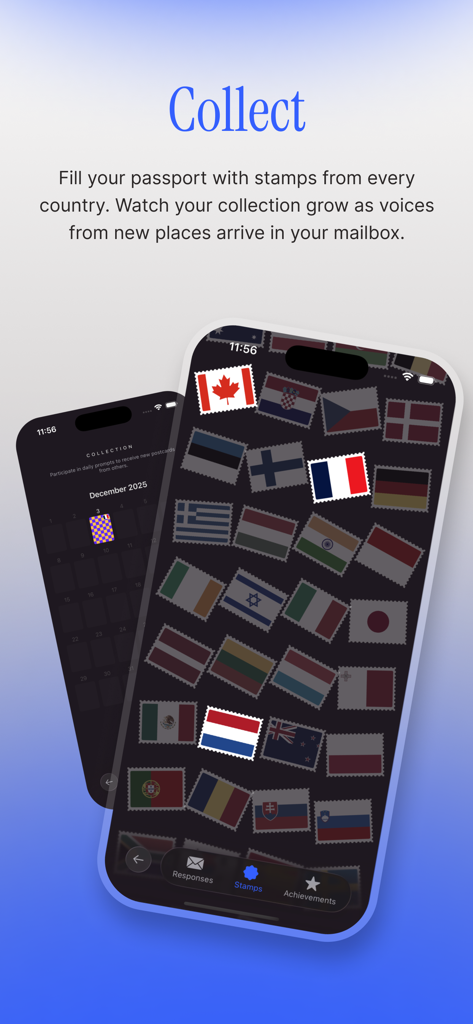 Lost Post: Daily World Stories - A smartphone screen displaying a collection of digital country flag stamps from global stories