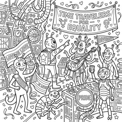 Embark on an intergalactic Pride celebration with this unique coloring page featuring festive alien time travelers. Discover a universe where love, equality, and diversity are timeless values, ready for your creative touch.