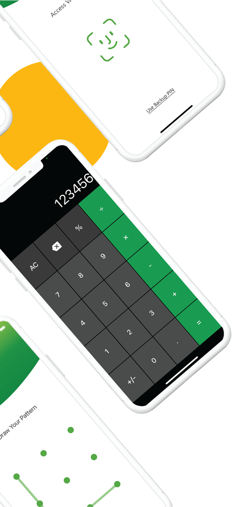 Three iPhones showing different security unlock screens for a vault app including Face ID, a numeric calculator keypad, and a pattern lock.
