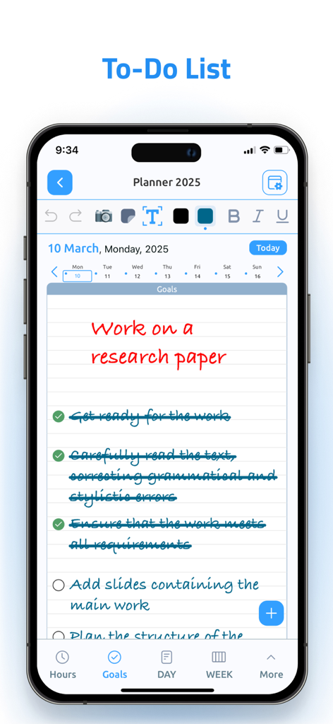 Digital Planner & Calendar Pro - Digital Planner app showing a handwritten to-do list and goal for a research paper on an iPhone screen