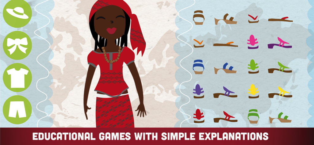 A cultural dress up activity for kids featuring traditional clothing and a variety of colorful sandals