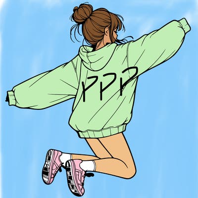 realistic girl jumping with a bun and oversized sweatshirt