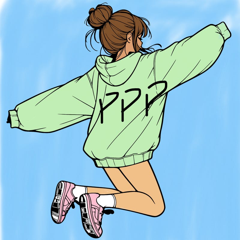 realistic girl jumping with a bun and oversized sweatshirt