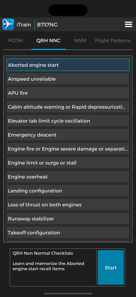 Boeing 737NG Non-Normal Checklist Items für Pilotentraining