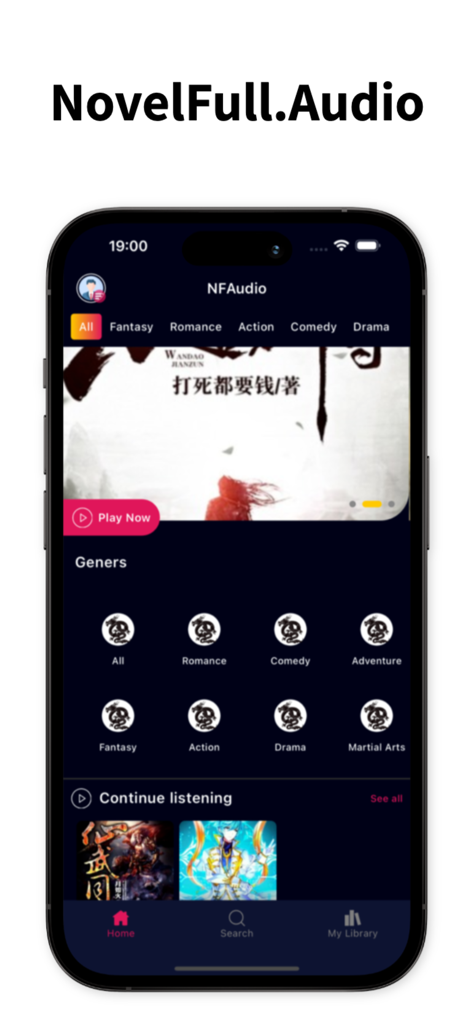 NovelFull Audio - Home screen of the NovelFull Audio app showing audiobook genres and featured Chinese novels