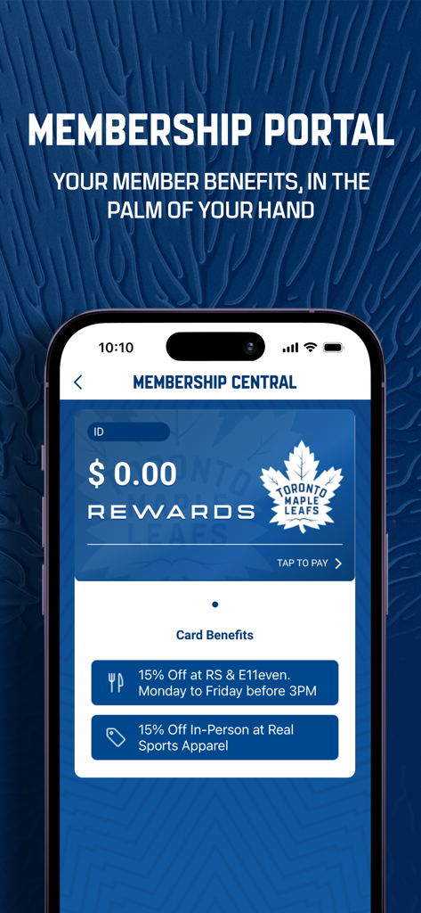 Toronto Maple Leafs app membership portal showing rewards and fan benefits